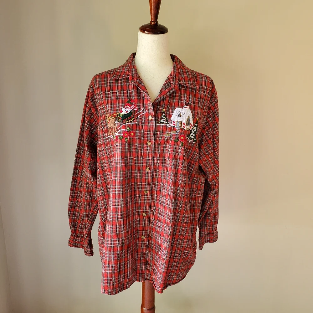 Vintage Christmas Plaid Casey & Max XL Holiday Red Festive Button Down Top - Picture 3 of 11